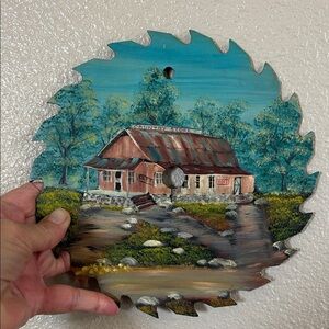 Hand-Painted Saw Blade Art with Country Scene